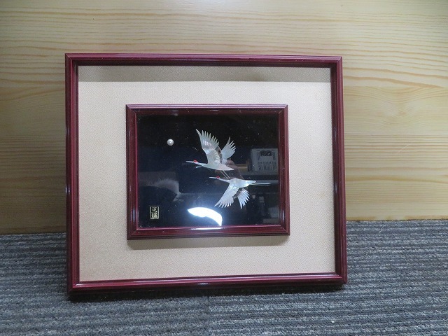 KZ☆鶴　真珠　正珠　二双鶴の図　縁起物　貝細工　額入り 29×24.5ｃｍ程 ◎現状品