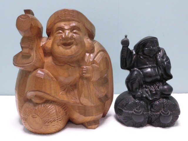 D258／家財整理うぶだし品【大黒天まとめて計2点/木彫 全高(約)22cmと石彫(那智黒) 全高(約)17.5cm】綿密彫刻/細密細工/七福神/開運/縁起物