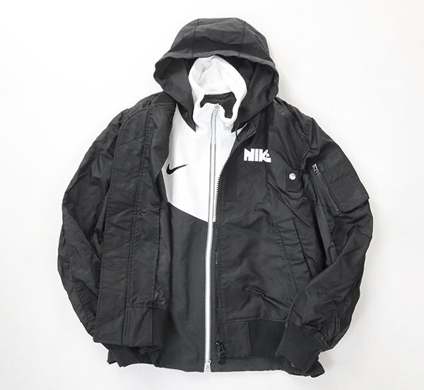 Sacai × NIKE ◆21AW レイヤード ジャケット 黒 Mサイズ (CZ4697-010) ナイロン MA-1 ボンバー ドッキング ブルゾン サカイ ナイキ ◆MU21