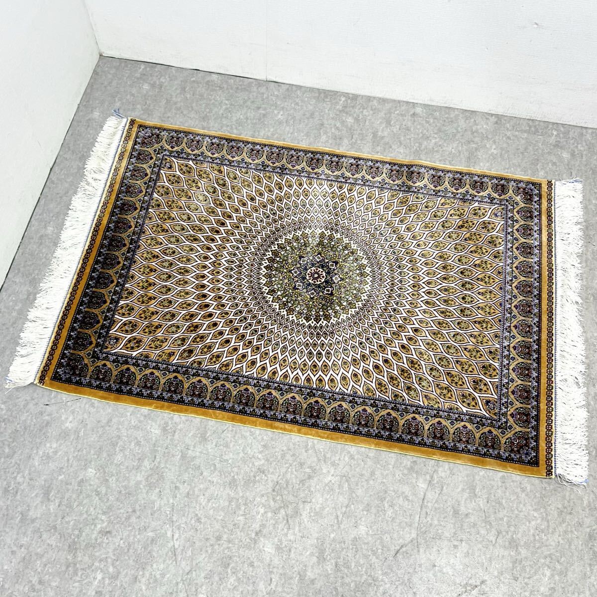 □ 未使用 ペルシャ絨毯 Persian Carpet カーペット 115×78 cm イエロー 黄色 ラグ マット 絨毯 リビング 玄関 インテリア □26011405Y