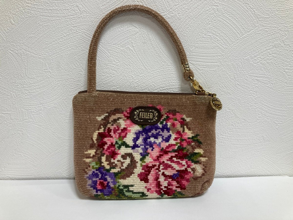 FEILER　フェイラー 　ミニバッグ　持ち手付きポーチ　ベージュ　フラワー　花柄　