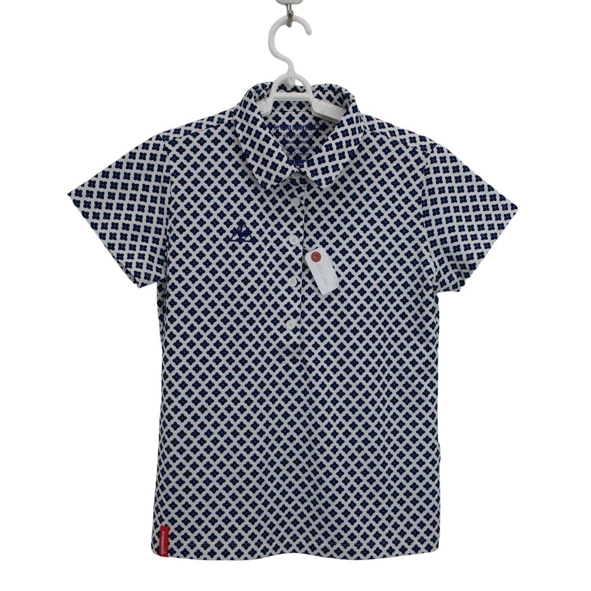 【美品】le coq sportif(ルコックスポルティフ) ポロシャツ 白ネイビー総柄 レディース L ゴルフウェア 2512-1063 中古