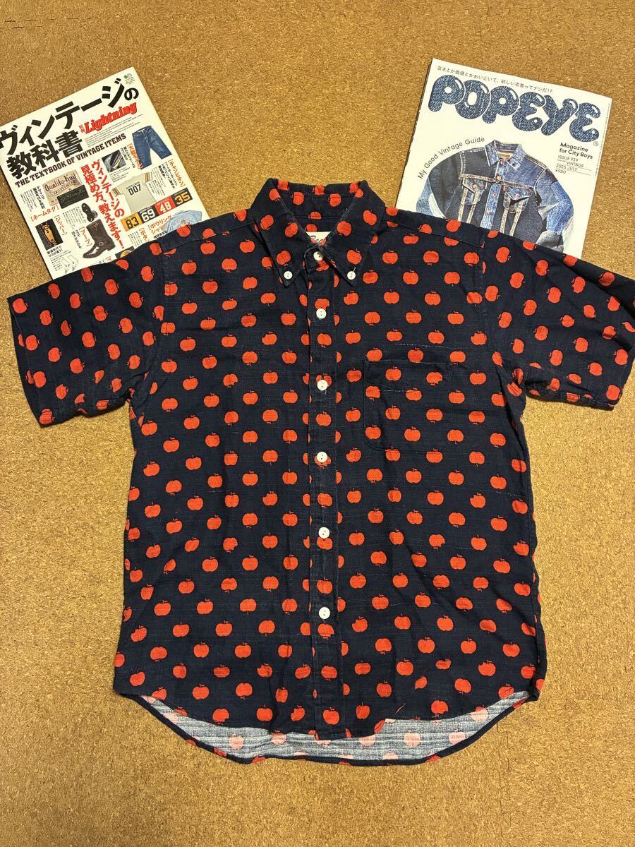ビーバー/日本製/りんご総柄/M/古着/経年変化/半袖シャツ/BEAVER/ボタンダウン/個性的/グラミチ/ワイルドシングス/カブー/グラニフ/シャツ