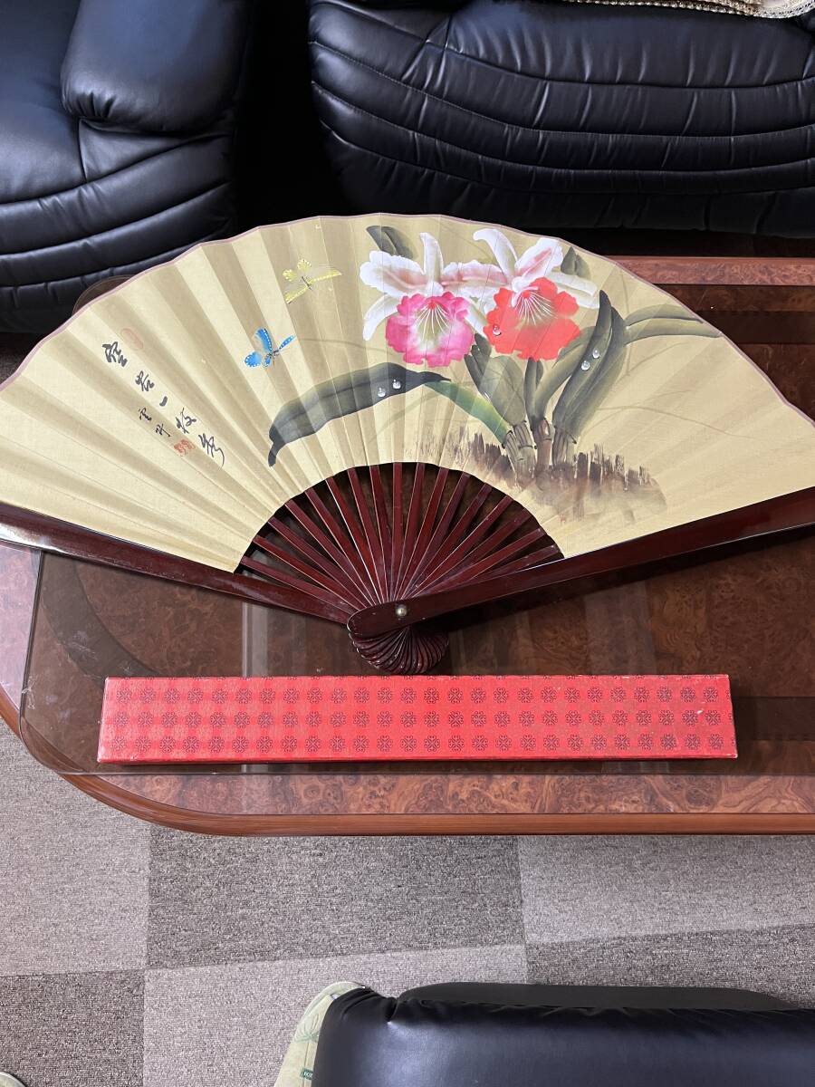 飾り扇子 大型扇子 和風インテリア 大扇 アンティーク品 骨董 落款あり 詳細不明 箱あり