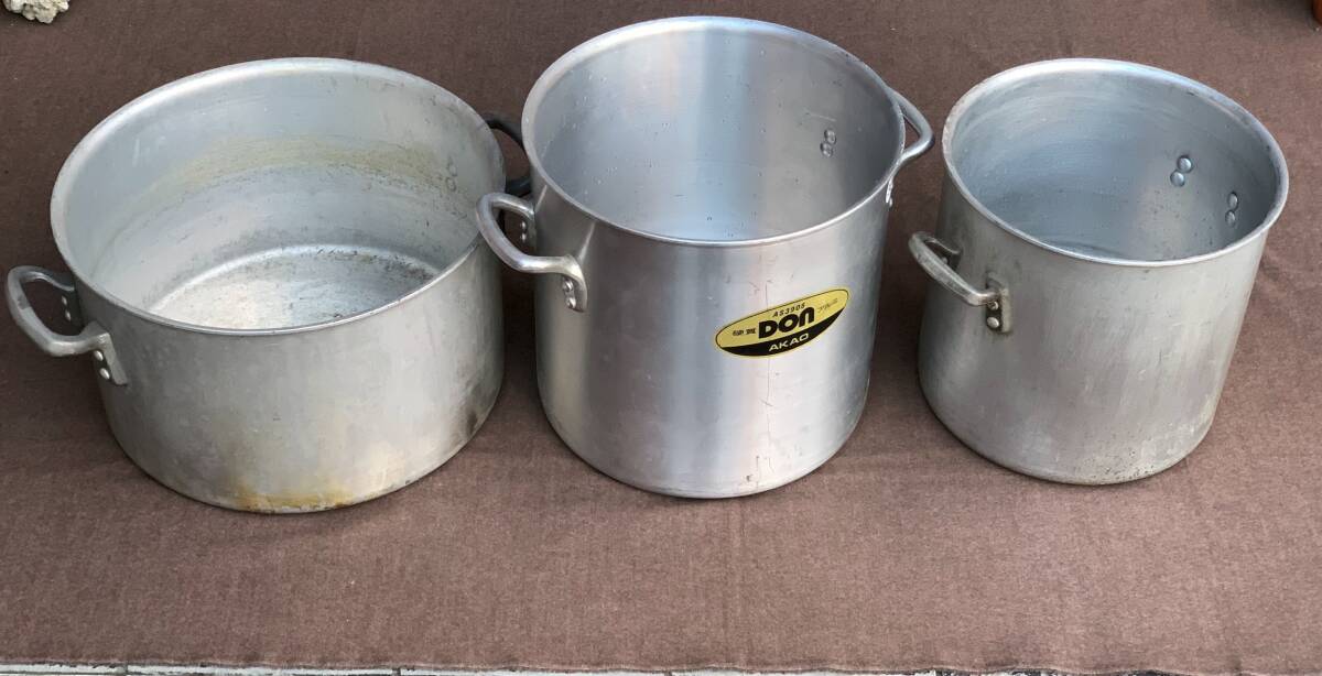 【中古品】アルミ 寸胴・半寸胴鍋 3点セット アカオアルミ製 アルミ半寸胴鍋 アルミ鍋は熱伝導率が高く、軽量なのが特長