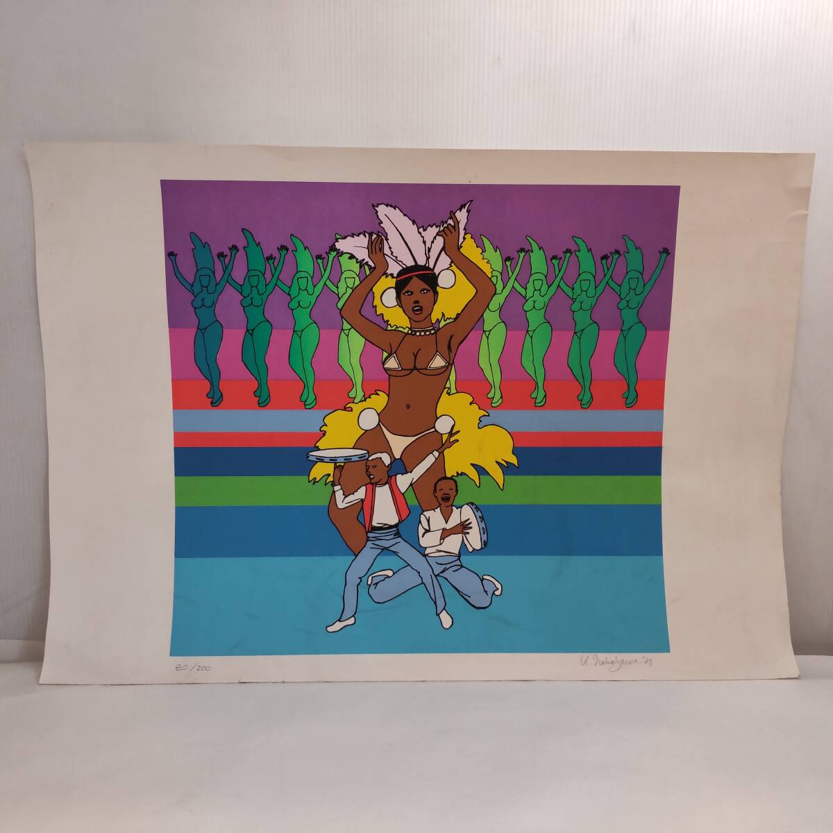 Y010501■作家物 シルクスクリーン 作品 U.NAKAZAWA 80/200 サンバ ダンサー 約50×35cm カーニバル 額なし■