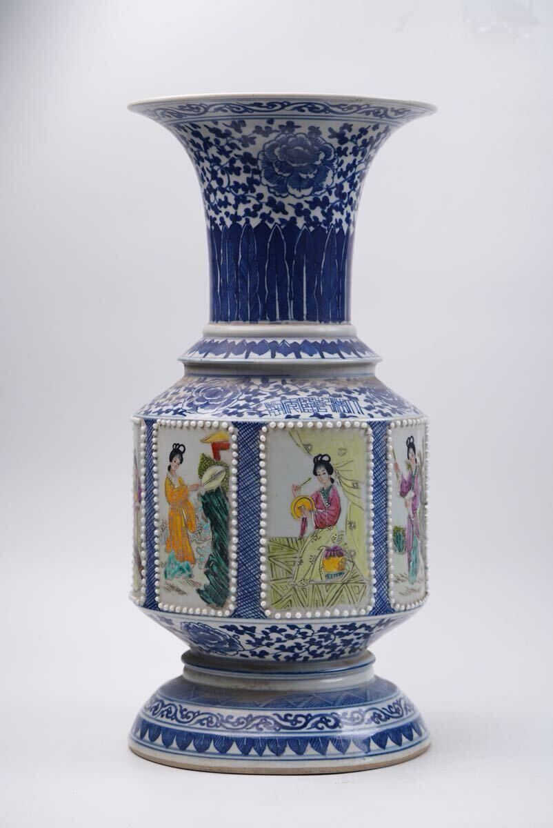 【萬古】中国古美術 清時代 青花 粉彩 康熙 人物 花瓶 時代物 古玩 骨董品 唐物 時代物 当時物 置物 茶道具 