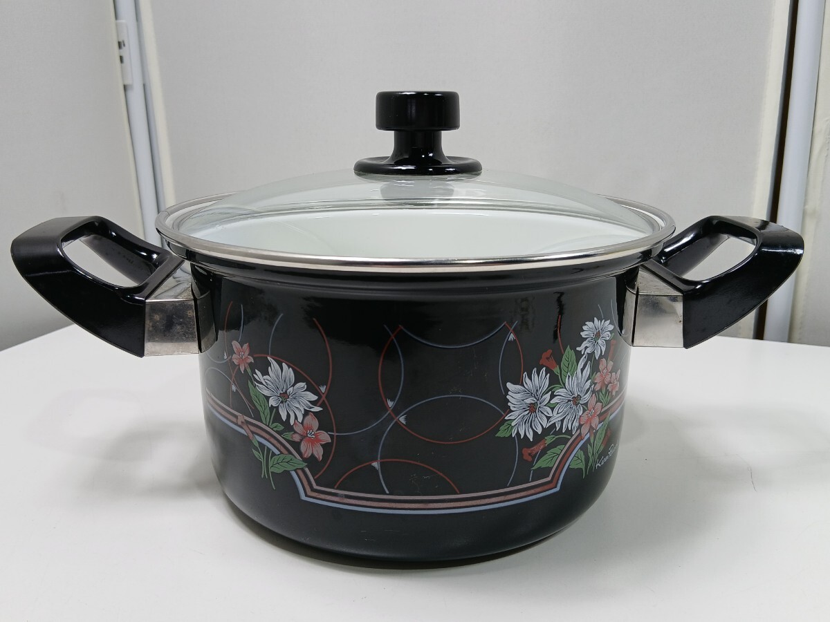 #1581 Karen Peacock 両手鍋 ホーロー鍋 20cm ガラス蓋 花柄 昭和レトロ 琺瑯 調理器具/和歌山県にて引き取り大歓迎