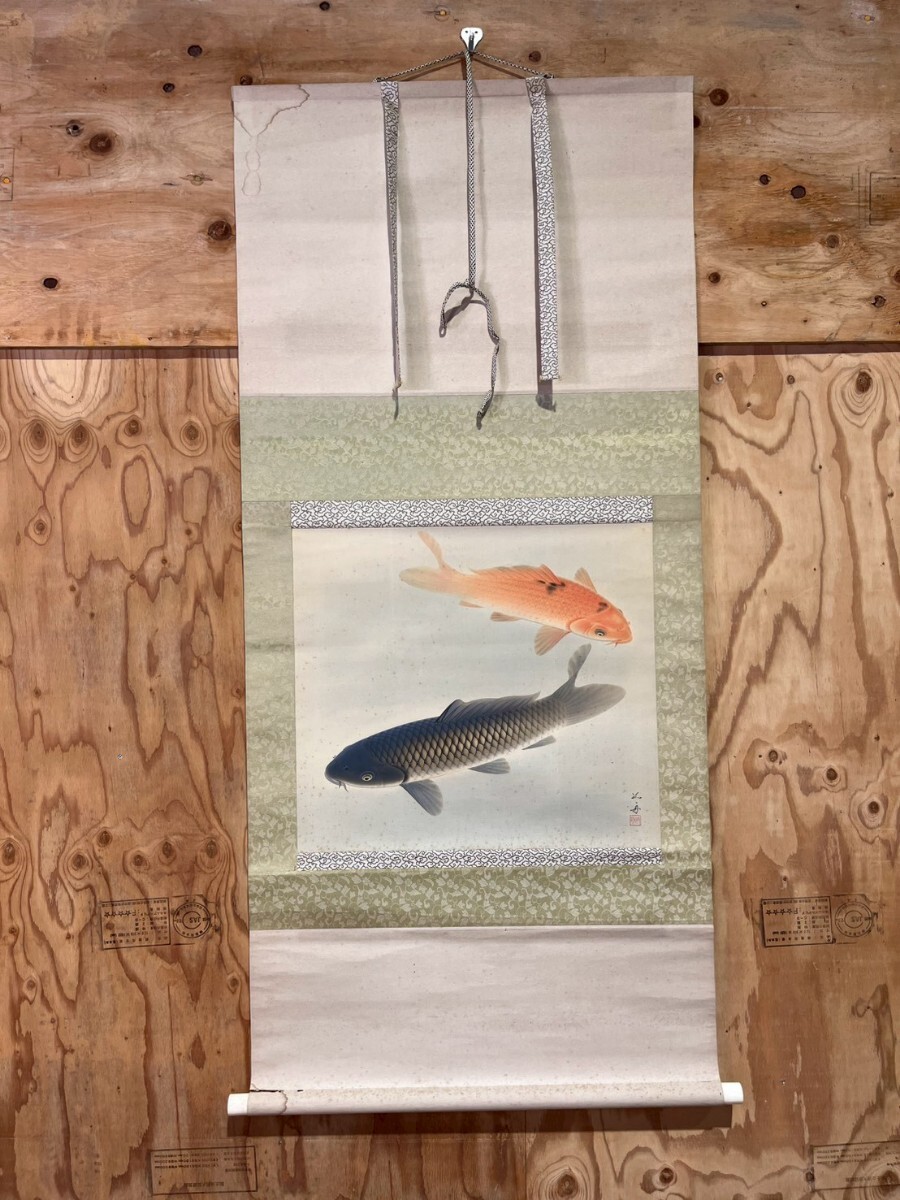 #1458y 掛軸 鯉図 遊鯉之図 開運 コイ図 作者不明 経年劣化有り/和歌山県にて引き取り大歓迎