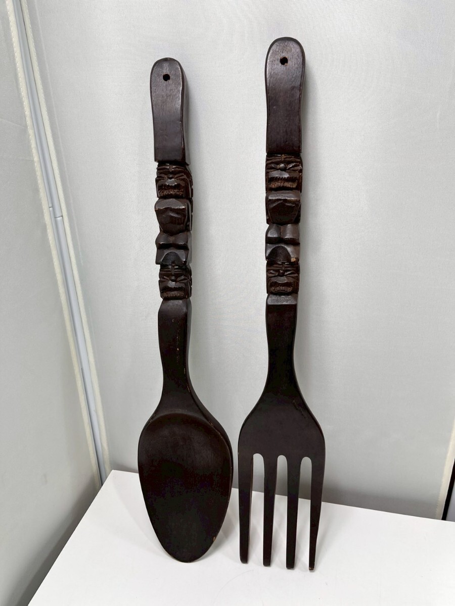 #1465y 巨大スプーン フォーク 高さ55cm程 木製 インテリア 置物 木彫り 壁掛け アンティーク ハワイ/和歌山県にて引き取り大歓迎