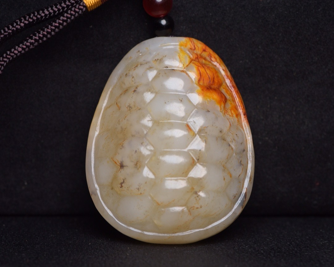 【中古文化*清*古和田玉製*紅皮白肉*精彫*龜甲紋*裝身具】中國古美術品 古賞品 古置物 收藏品
