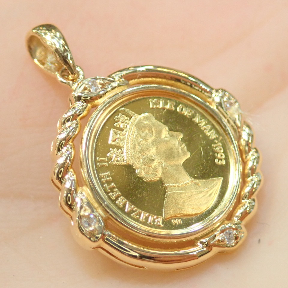 ■1993 マン島キャット金貨 1/25oz K24 純金 コイン K18金枠 ペンダントトップ■総重量:3.3g■ELIZABETH II 猫■枠磨き仕上げ ダイヤモンド