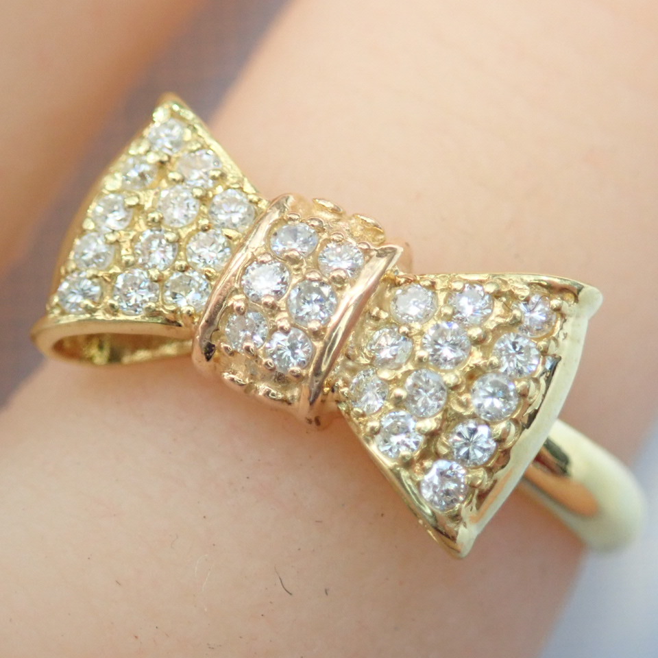 ■K18YG/K18PG リボンモチーフ ダイヤモンドリング■指輪■13号 3.5g■中古磨き仕上げ■