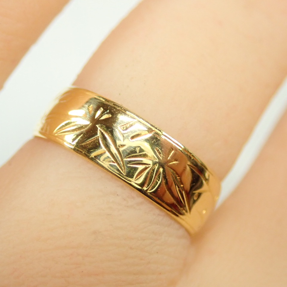 ■K18YG 和彫り 平打ちリング■指輪■12号 3.0g■松竹梅模様? 指輪■中古磨き仕上げ■アンティーク 昭和レトロ■造幣局検定マーク750■