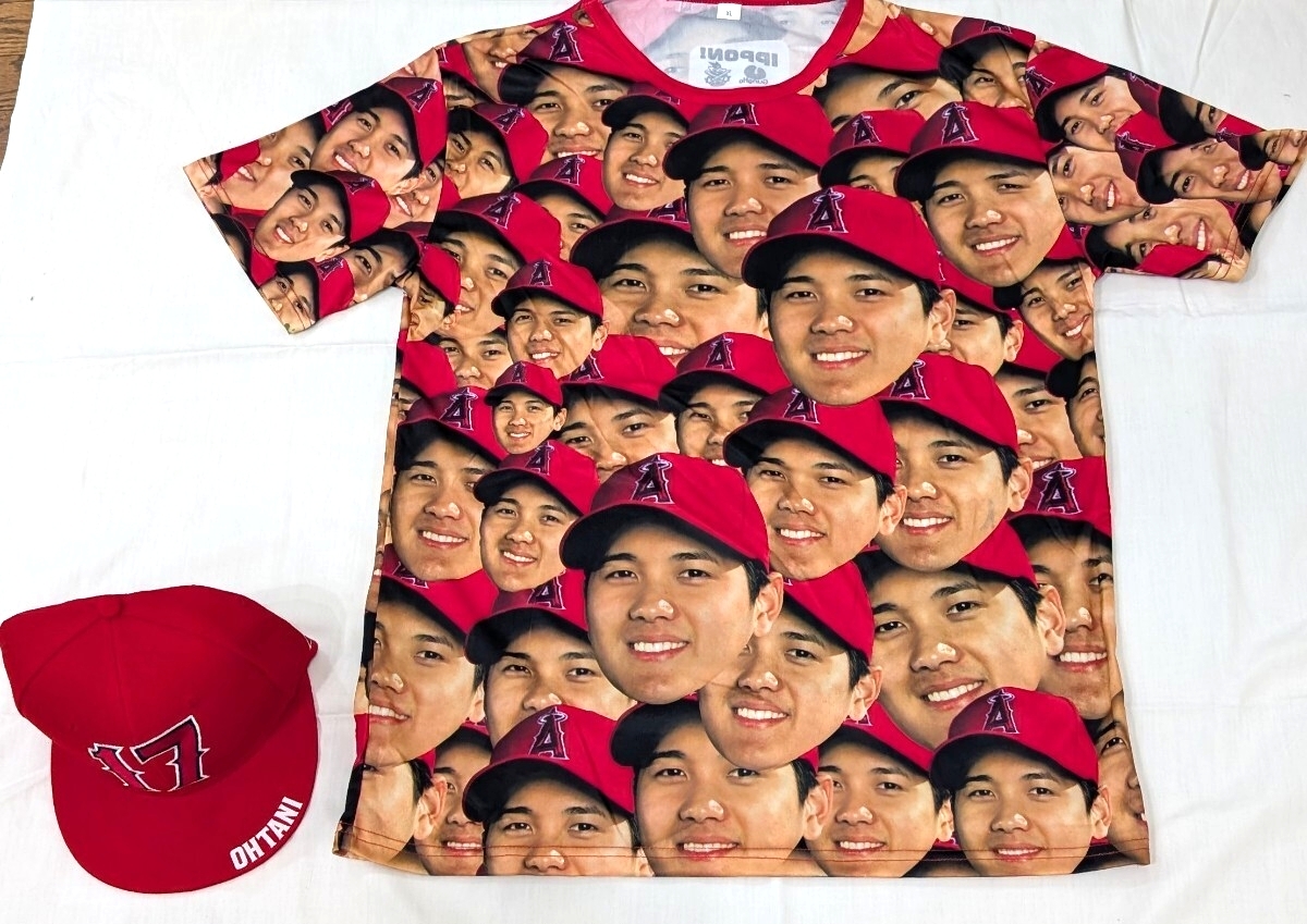 激レア! 非売品 大谷翔平 エンゼルス 顔だらけ Tシャツ XL キャップ 記念品 SHOHEI OHTANI 球場配布 限定品 レッド赤MLB ②　WBC