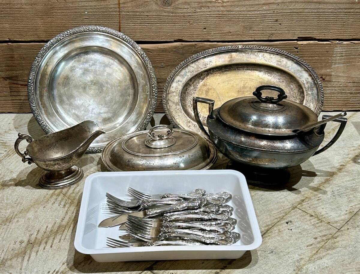 洋食器　シルバーメッキ　皿　オーバル　スープチューリン　ソースポット　エントレーディッシュ　サービングディッシュ　ナイフ＆フォーク