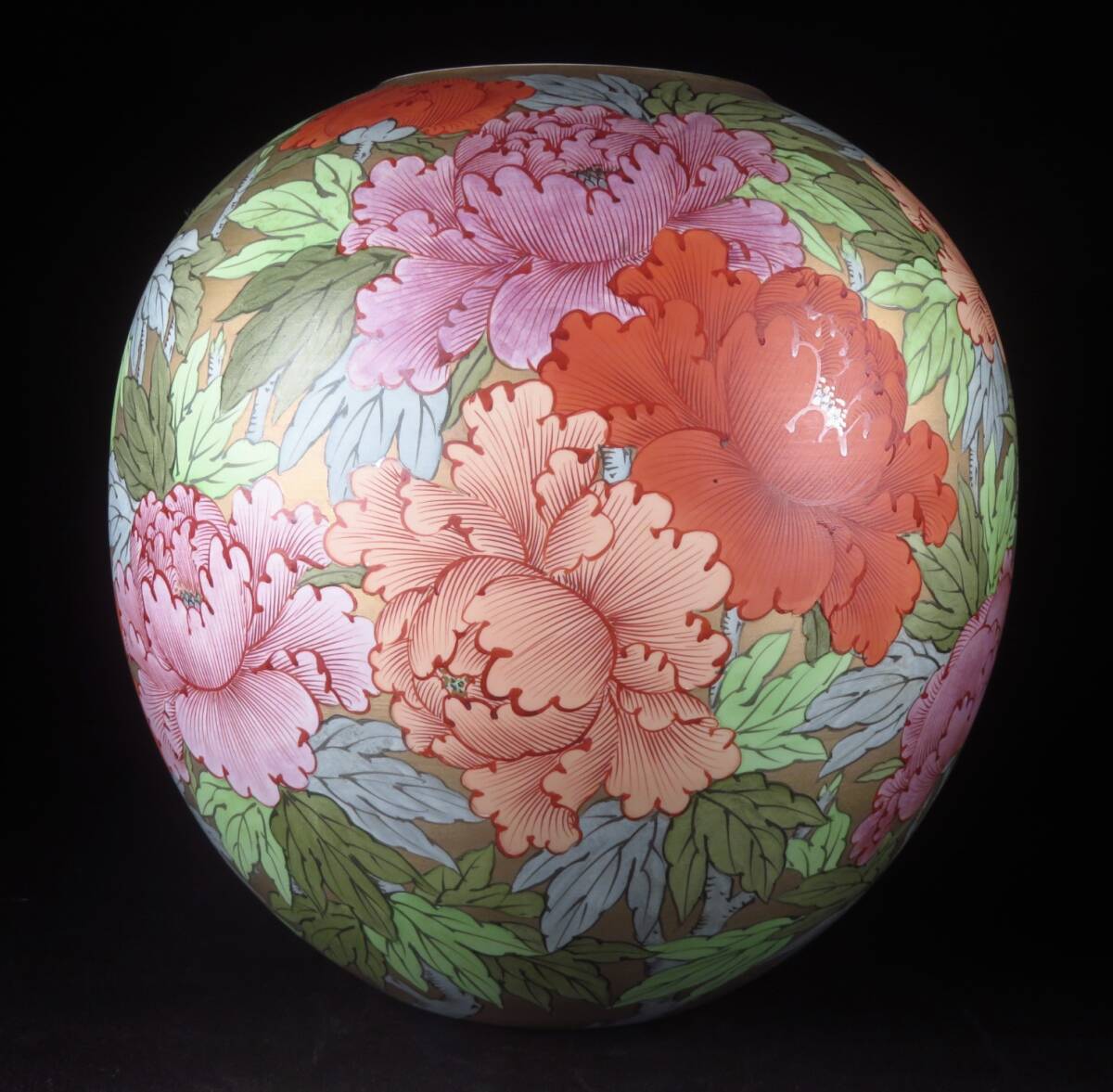 【SAKURAYA】秀逸作品【金濃色絵牡丹文花瓶/有田焼 憲山】飾壺 壷 花器 花入 細密絵付 作家 共箱/栞 骨董品 古美術品 高さ30cm