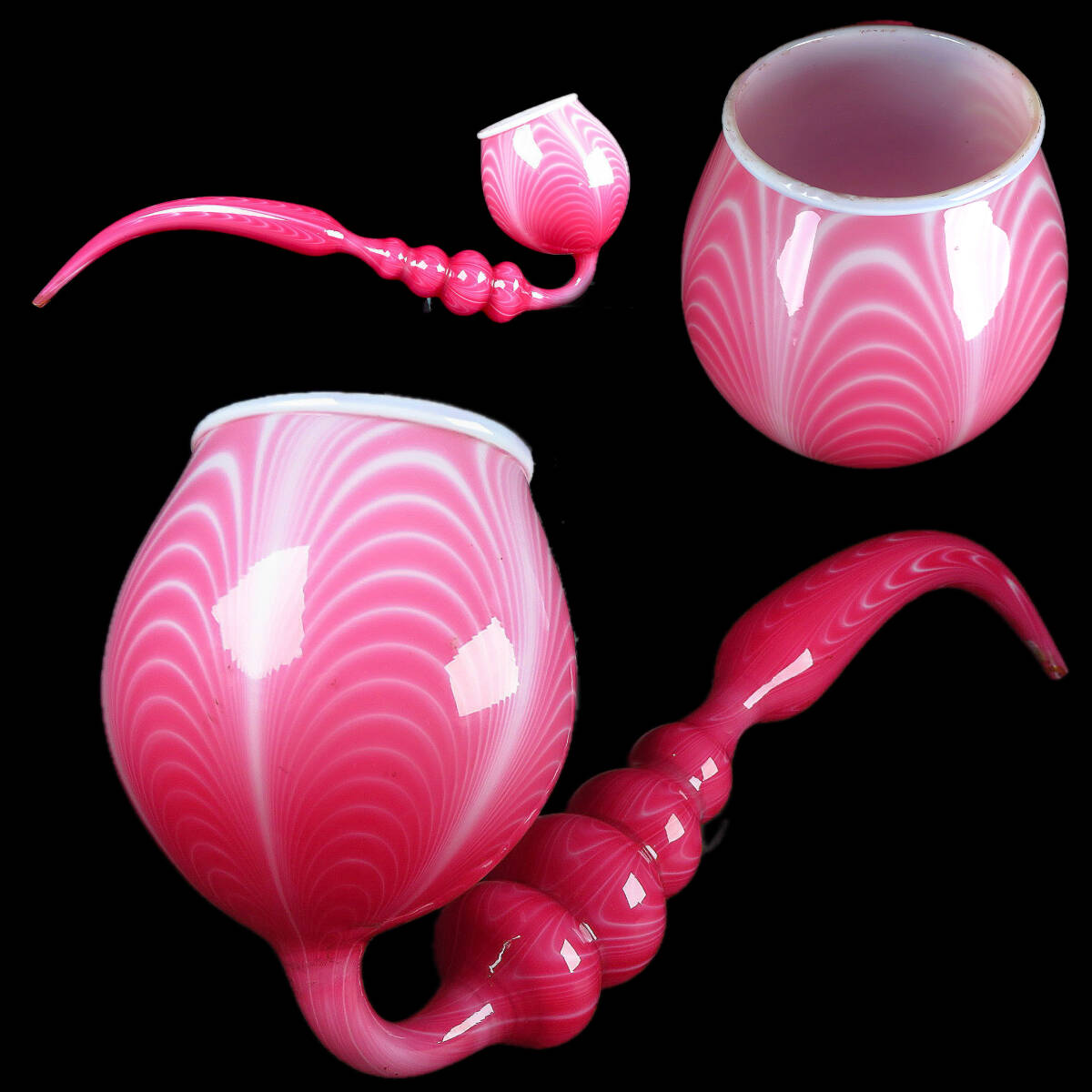 【SAKURAYA】大珍品 全長42.5cmの大型品【和ガラス 赤地乳白掻き揚げ文ガラスパイプ】遊郭 かきあげ 水煙草 コレクター所蔵品 希少品 硝子