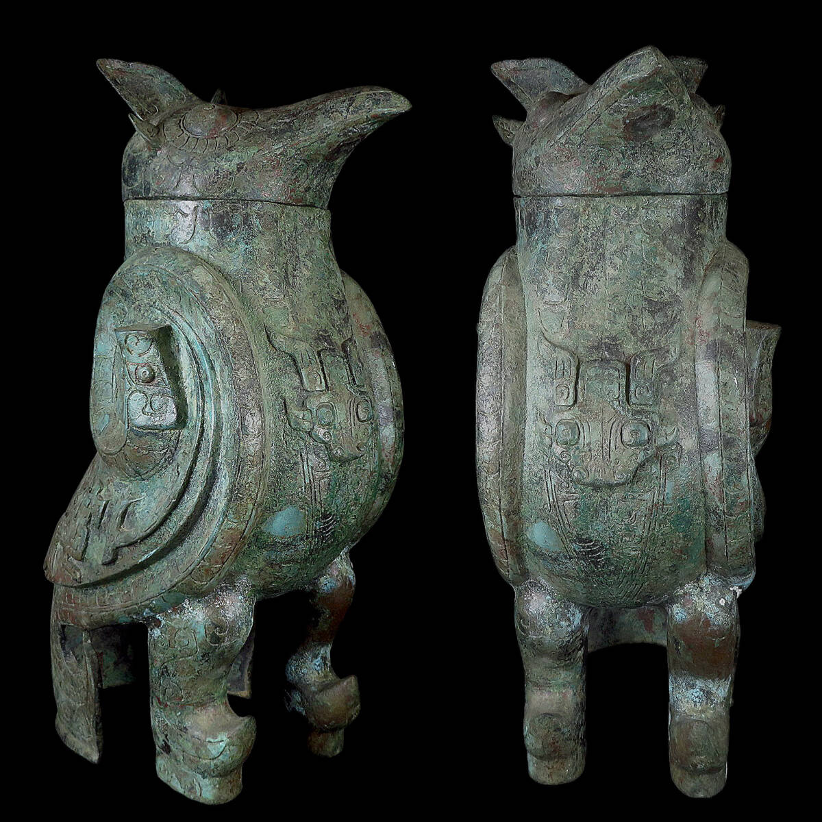 【SAKURAYA】中国古美術【青銅器 鳥尊】青銅 時代 唐物 酒器 饕餮紋 銅器 鳥形置物 オブジェ 骨董品 古美術品 中国古玩 高さ48cm