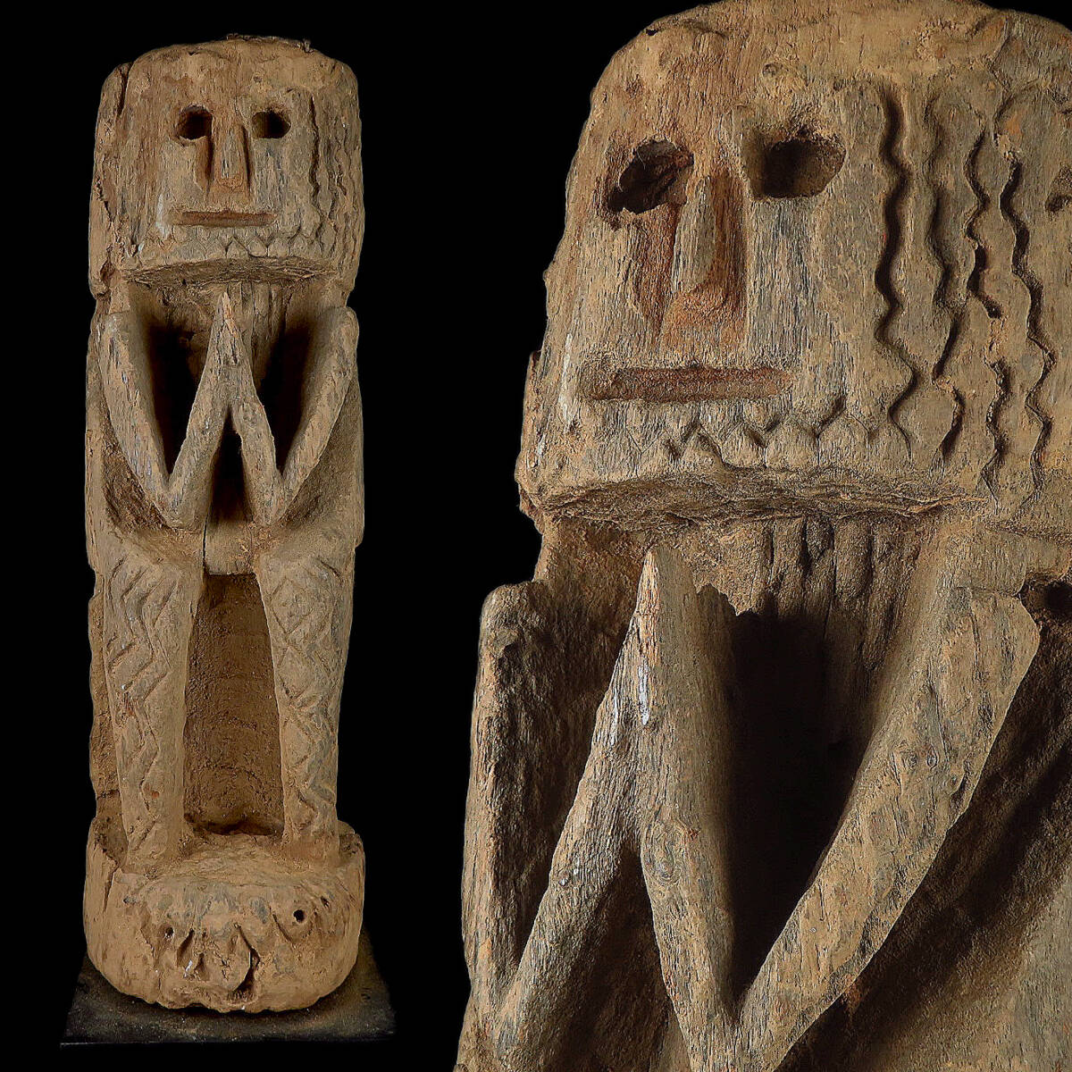  【SAKURAYA】大珍品 コレクター委託品【ネパール 木彫 古いプタリ像】守護像 古民具 民藝 オブジェ 置物 骨董品 古美術品 希少品 高さ44cm