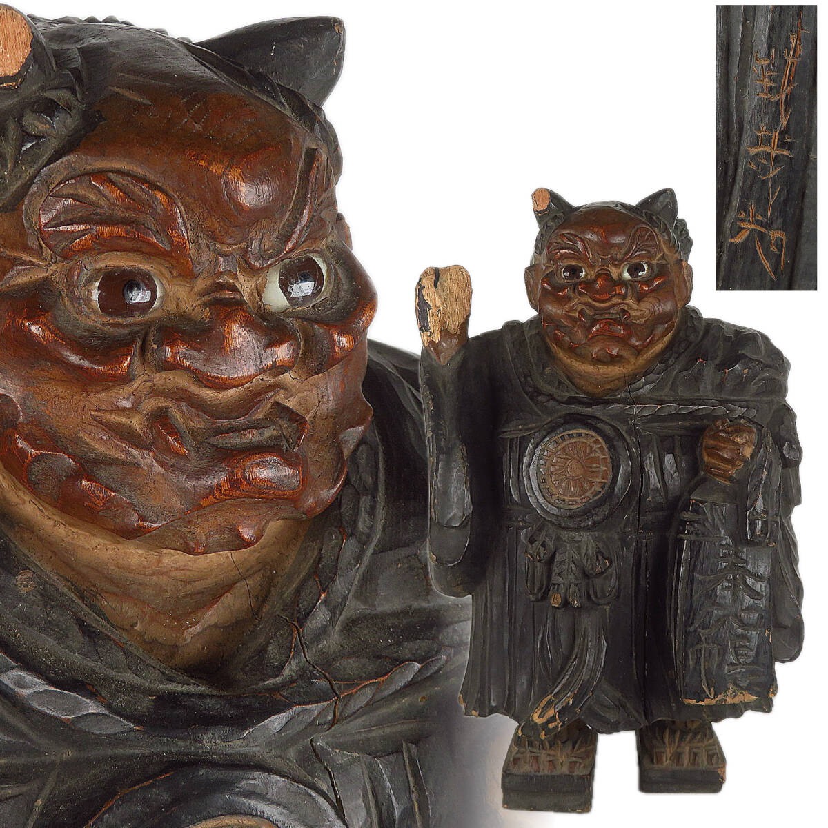 【SAKURAYA】【玉眼入 彩色 木彫 大津絵 鬼の寒念仏 置物】細密彫刻 オブジェ 希少 珍品 鬼の念仏 骨董品 古美術品 在銘 木製 高さ34.5cm