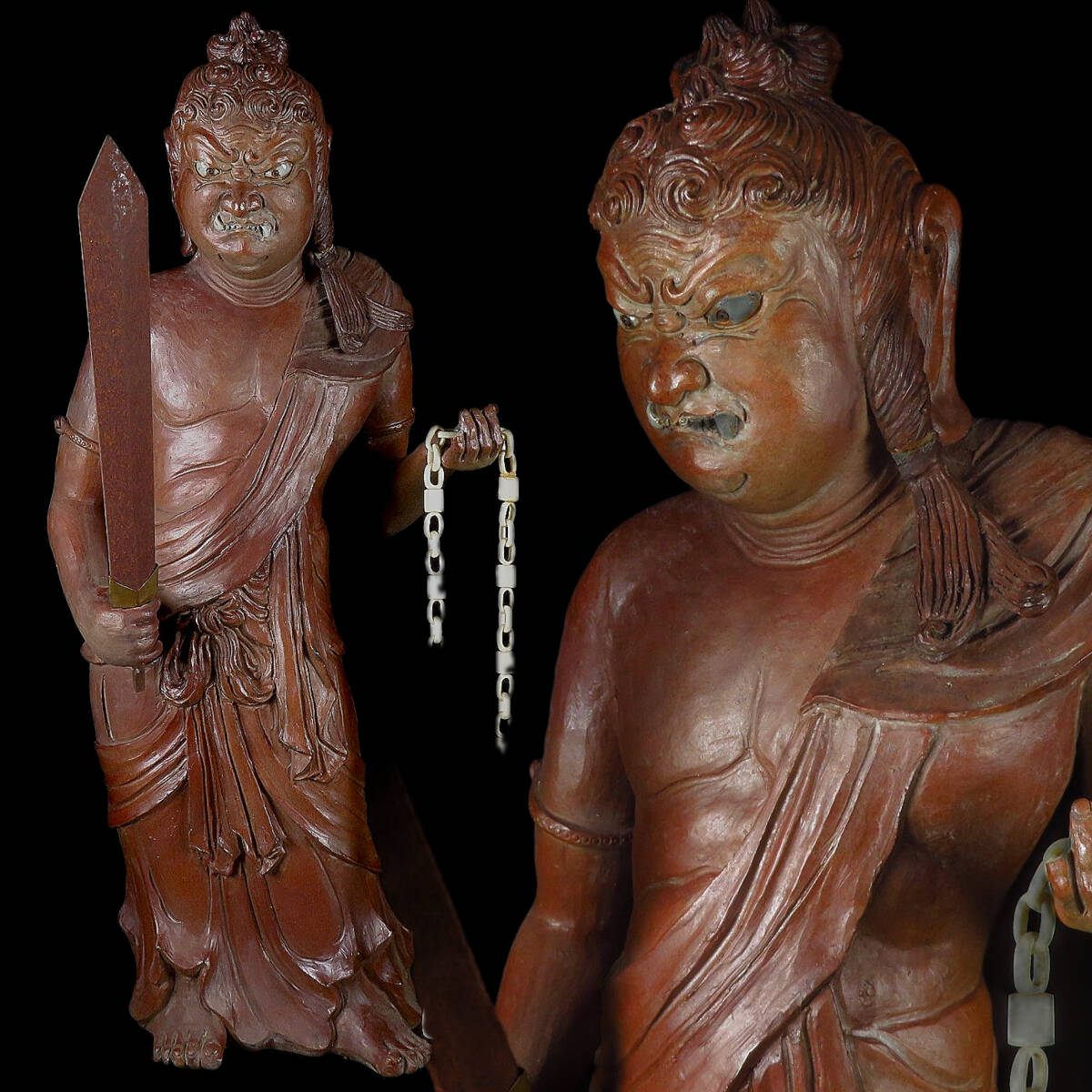 【SAKURAYA】時代ある迫力ある作品【鍋島焼 不動明王立像】仏教美術 仏像 細密彫刻 置物 オブジェ 大川内 骨董品 古美術品 高さ48.5cm