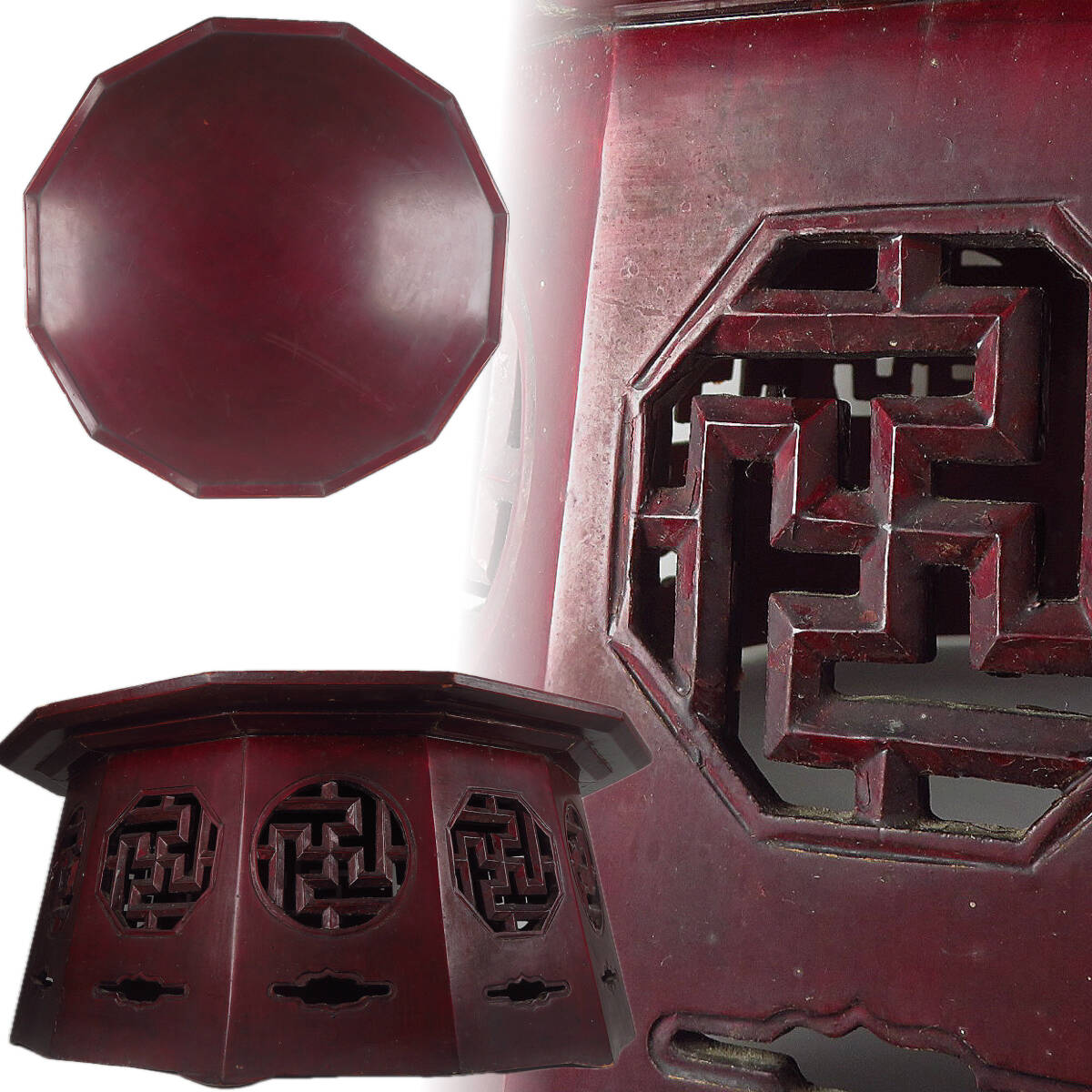 【SAKURAYA】全長58cm 朝鮮古美術【李朝 木彫 卍透彫 十二角膳】茶道具 ソバン 民藝 時代 家具 羅州盤 小盤 バンダジ 座卓 骨董品 古美術品