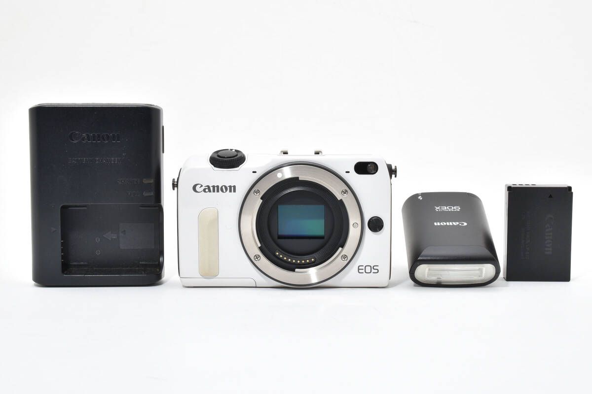 美品＊Canon キャノン EOS M2 ボディ ホワイト / SPEEDLITE 90EX ストロボ付き ミラーレス一眼カメラ
