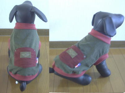 犬服AB36■DSサイズ■ダックスS等小型犬用カーキ色ビンテージ風Tシャツ＊エンジ色リブ古着調ハンドメイド