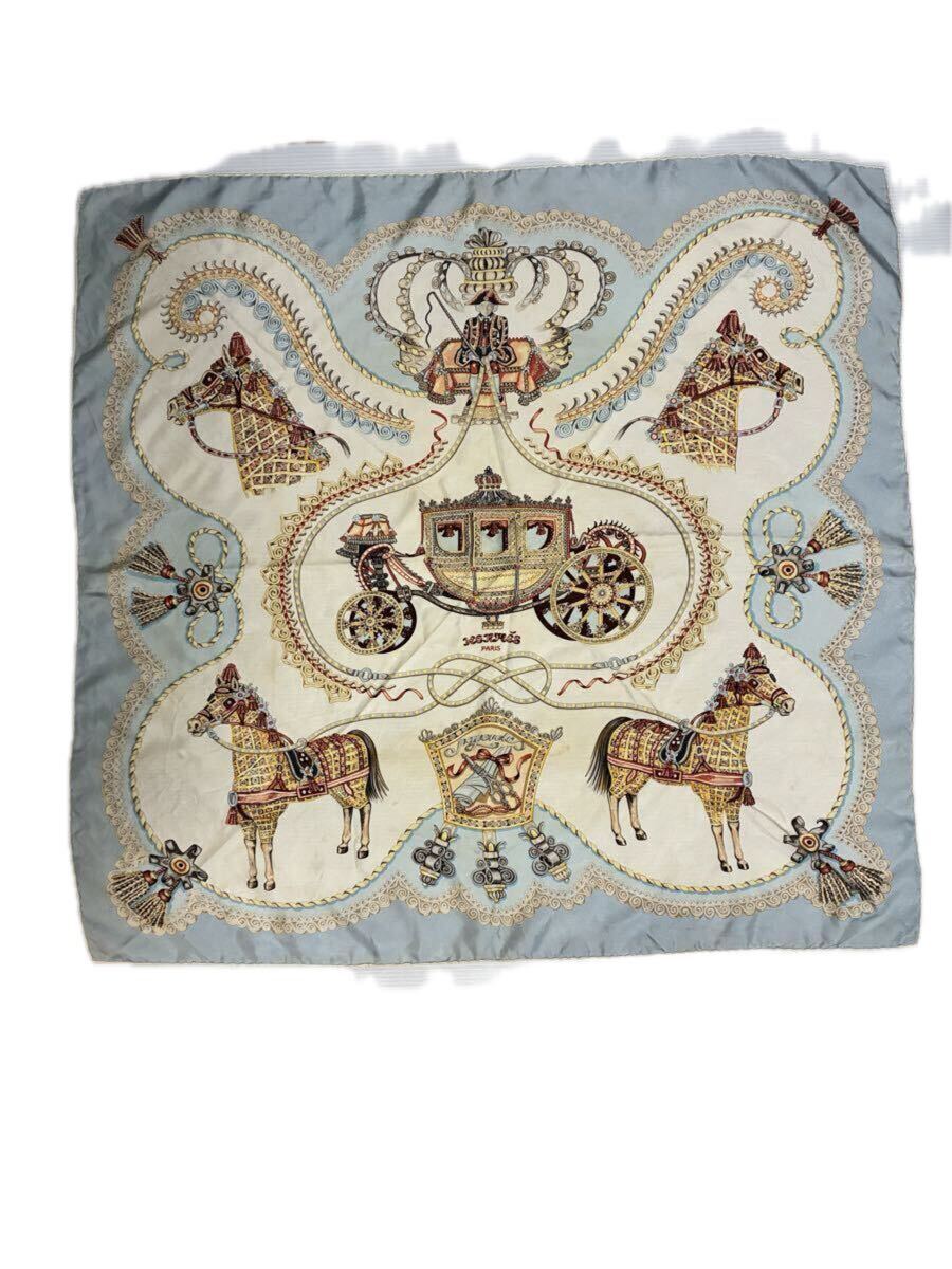 T306 USED エルメス HERMES スカーフ カレ90 シルク 総柄 大判 馬車デザイン 馬 HORSE 約85×85cm 