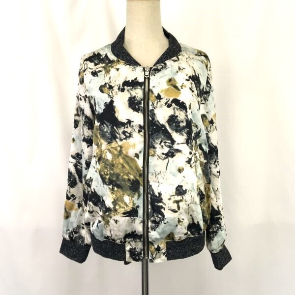 サテン/リバーシブルブルゾン/MA-1【レディースM程度/black×white/黒×白】総柄/ラメ/Tops/Shirts◆BH687