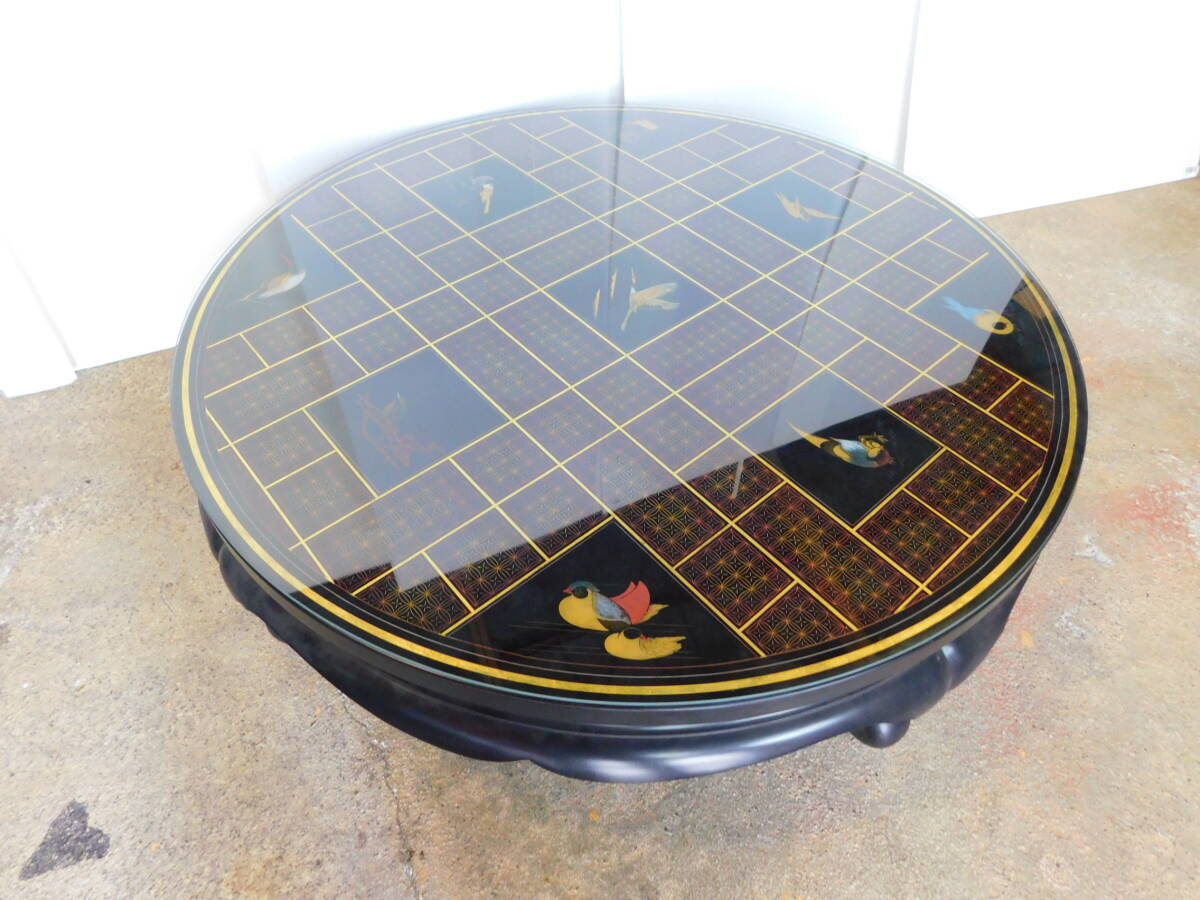 m983 輪島塗 前志芸男 漆 鳥 沈金 座卓 ローテーブル 円卓 ガラス付き 座敷机