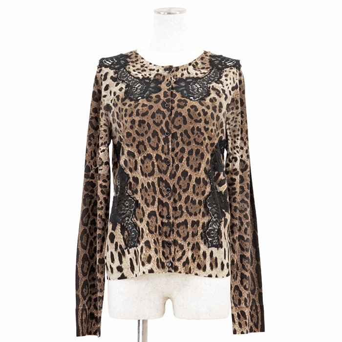SALE【美品】DOLCE&GABBANA ドルチェ・アンド・ガッバーナ ニット カーディガン レオパード ロゴ レース 花柄 レディース 44 黒 茶色 伊製