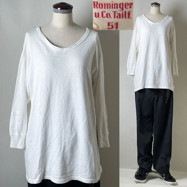 【名作 インナー 希少】ビンテージ rominger & co コットン系 ドイツ軍 Uネック 無地 七分袖 長袖 Tシャツ ロンT カットソー 51 （L-XL）