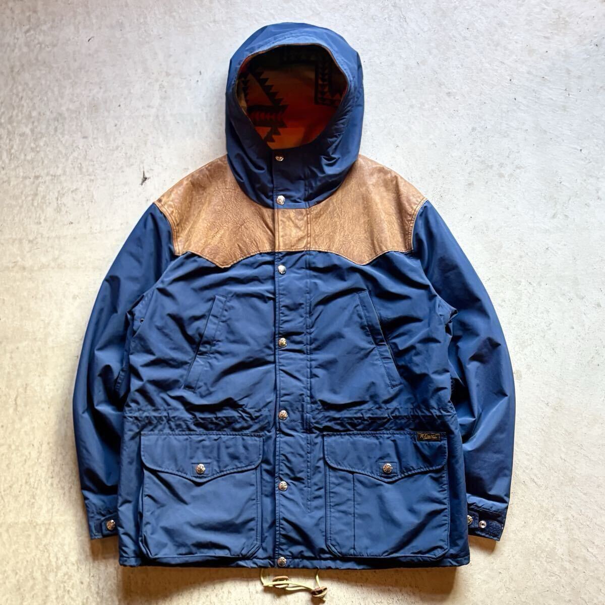 【90s】00s POLO RALPH LAUREN ポロラルフローレン ナイロン レザー マウンテンジャケット パーカー ネイティブ柄 XL 紺 VINTAGE 正規