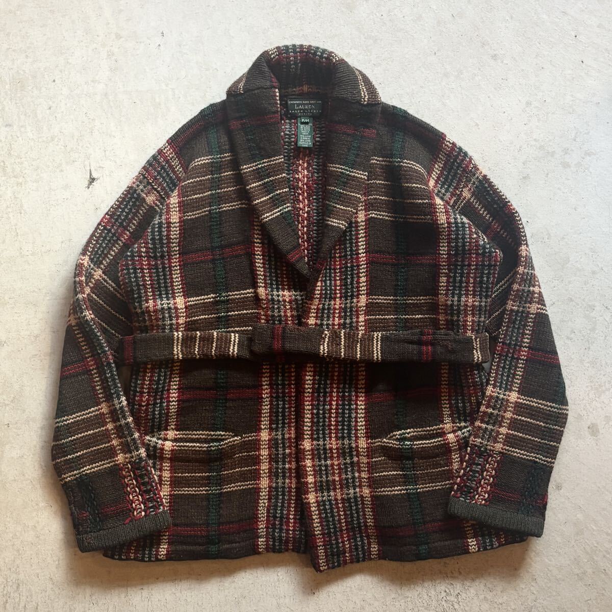 【90s】LAUREN RALPH LAUREN ローレンラルフローレン ウール ニット ガウン セーター カーディガン タータンチェック 茶/ブラウン M 正規