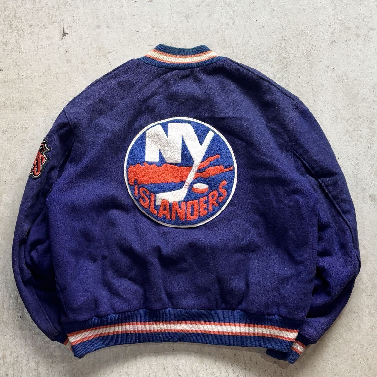 【USA製】90s DeLONG ウールスタジャン アワードジャケット 48 XL相当 VINTAGE 紺/NAVY NHL アイランダース ロゴ 中綿 アメリカ製 正規