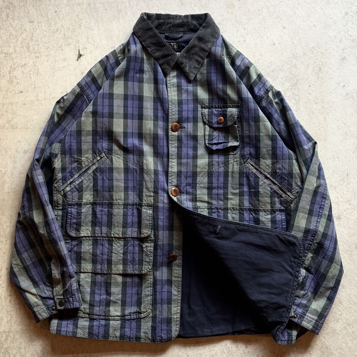 【90s】POLO RALPH LAUREN オイルド ハンティングジャケット Green/Navy チェック L VINTAGE ポロラルフローレン 襟コーデュロイ 正規品