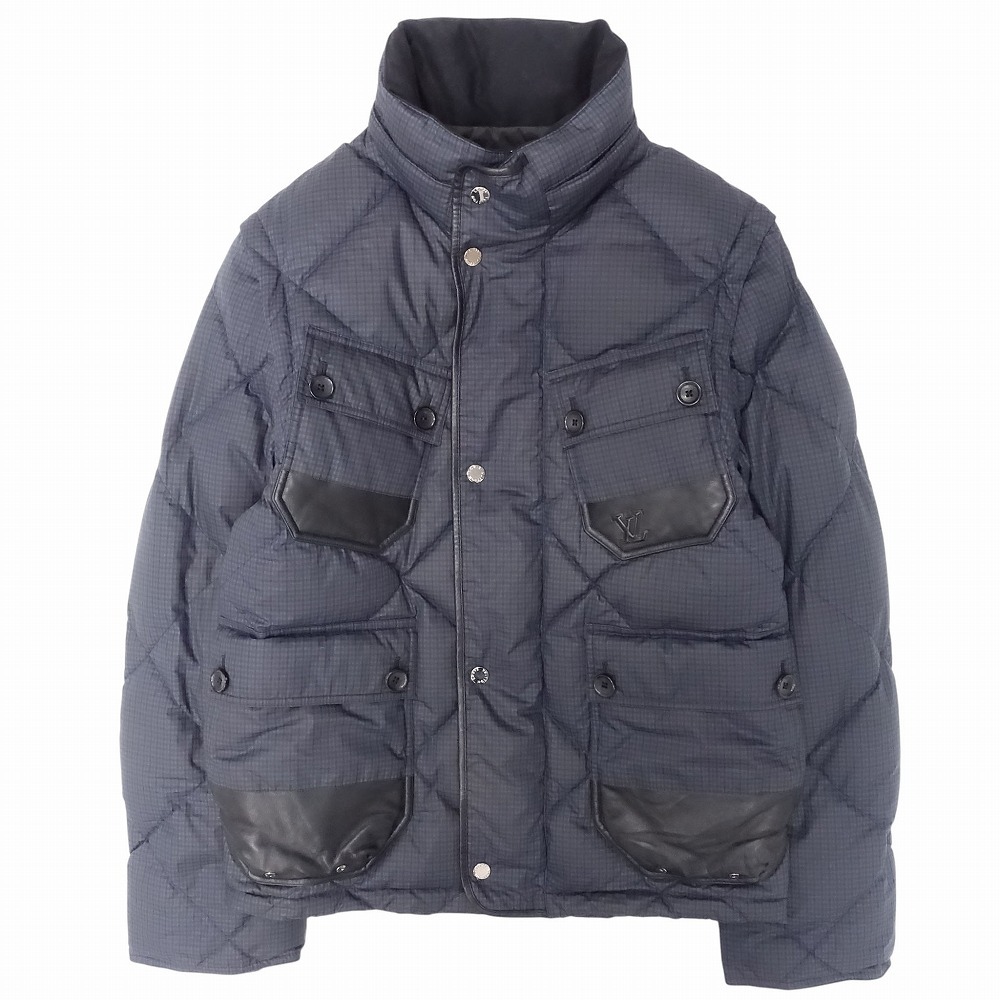 良品 LOUIS VUITTON ルイヴィトン ダウン ジャケット ブルゾン 2WAY LV ロゴ レザー切替 アウター 46 M ブラック 黒 メンズ 【中古】