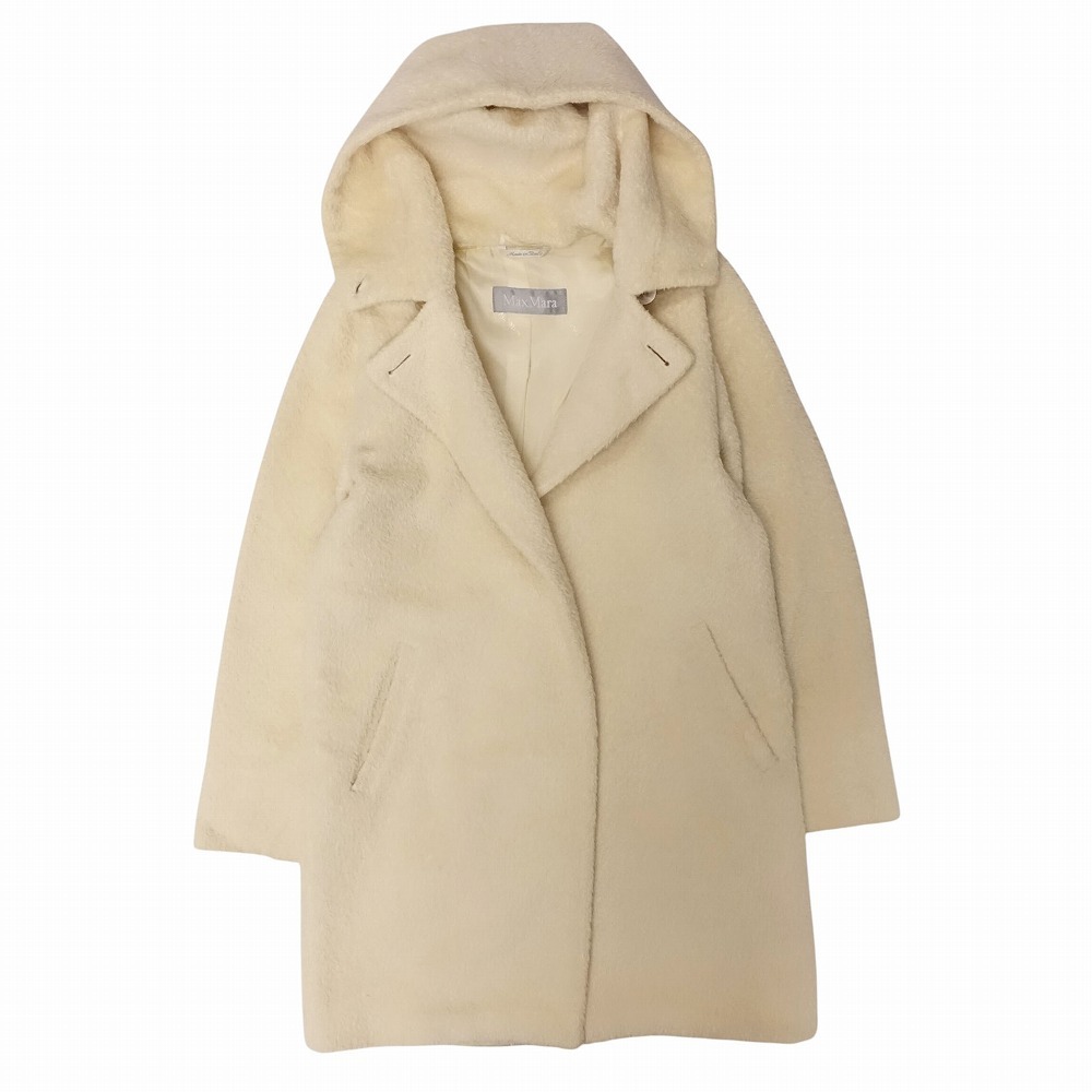 Max Mara マックスマーラ アルパカ フーデット ボア シャギー コート ジャケット ロング丈 アウター 34 XS 白 レディース 【中古】