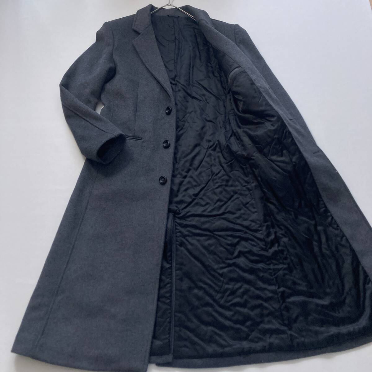 【上質ウール混】ロング チェスターコート 美品 170/88A M相当 チャコールグレー 総裏 センターベント メンズ 通勤 ビジネス フォーマル