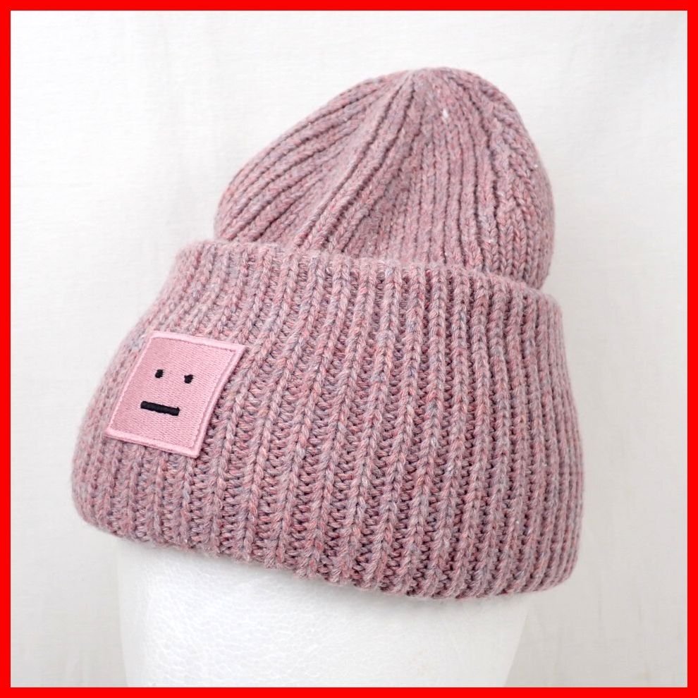 ★未使用 Acne Studios/アクネストゥディオズ Pansy フェイスパッチ リブウールビーニー ピンク/ニットキャップ/帽子&2200700006