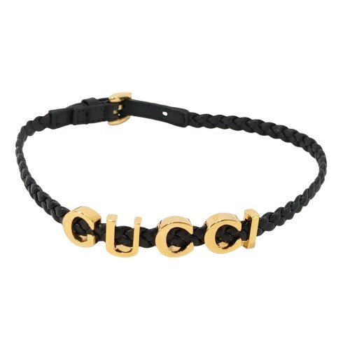 GUCCI グッチ ロゴ チョーカー レザー ブラック ゴールド金具 全長38.5cm 編み込み ネックレス 684630