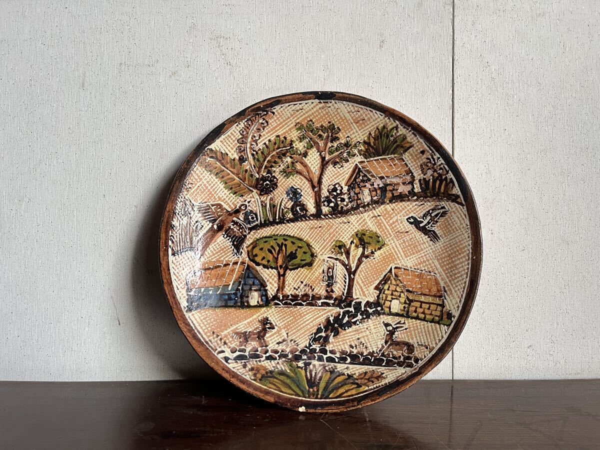 希少 メキシコ 絵皿 ハンドペイント 一点物 原風景 飾り皿 大皿 インテリア 壁掛け 昭和レトロ ビンテージ アンティーク 古道具 骨董 民藝 
