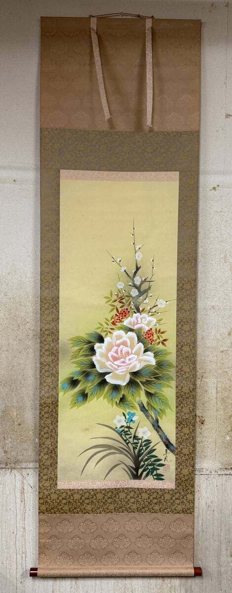 【模写】100 梱包台下／四季花 掛軸 草風 梅 南天 牡丹 桔梗 中山幸雲？ 印刷？ 縁起物 化粧箱 日本画 中古