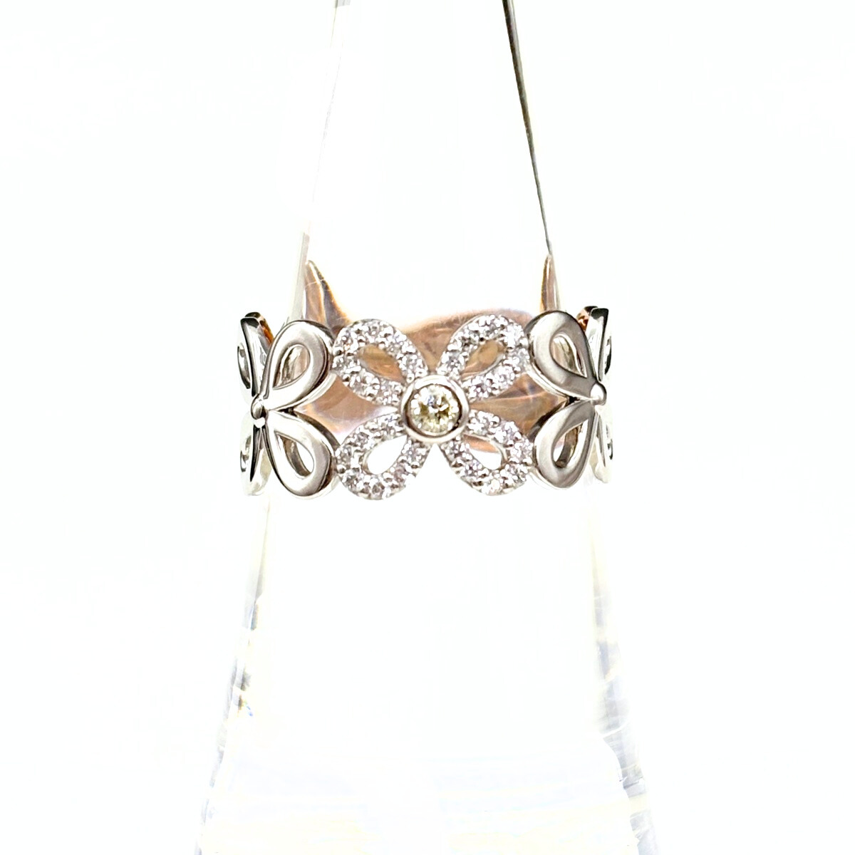 フラワーモチーフ デザインリング プラチナ PG ピンクゴールド 指輪 メレダイヤ 花 16号 Pt900 K18 ダイヤモンド レディース 【中古】