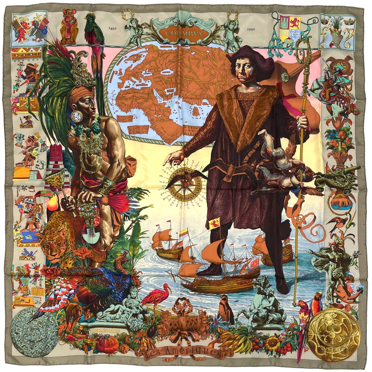 エルメス HERMES カレ 90 Les Ameriques COLOMBVS コロンブス カーミットオリバー スカーフ シルク グレージュ レディース 【中古】