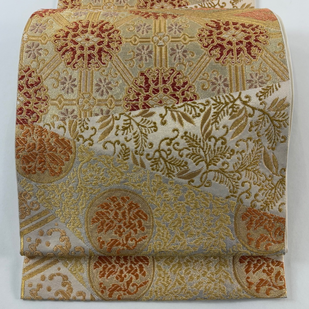 【在庫一掃】 袋帯 逸品 川島織物 落款 草花 華文 金糸 箔 金色 六通 正絹 【中古】