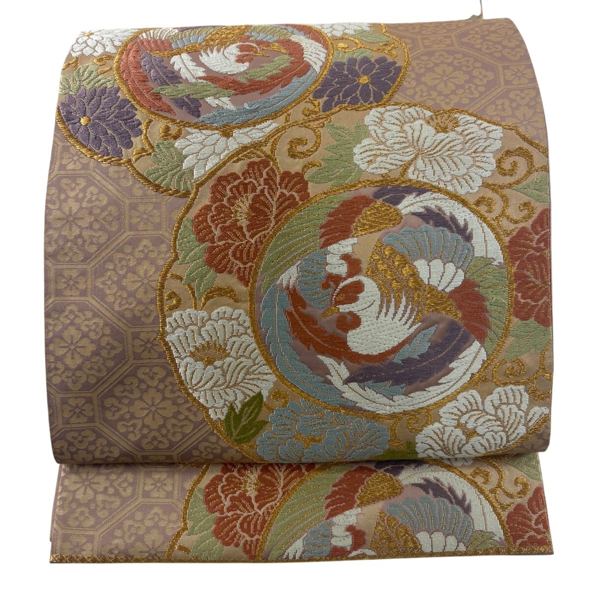 袋帯 秀品 関西仕立て 鳳凰 花唐草 刺繍 金糸 灰紫 六通 正絹 【中古】