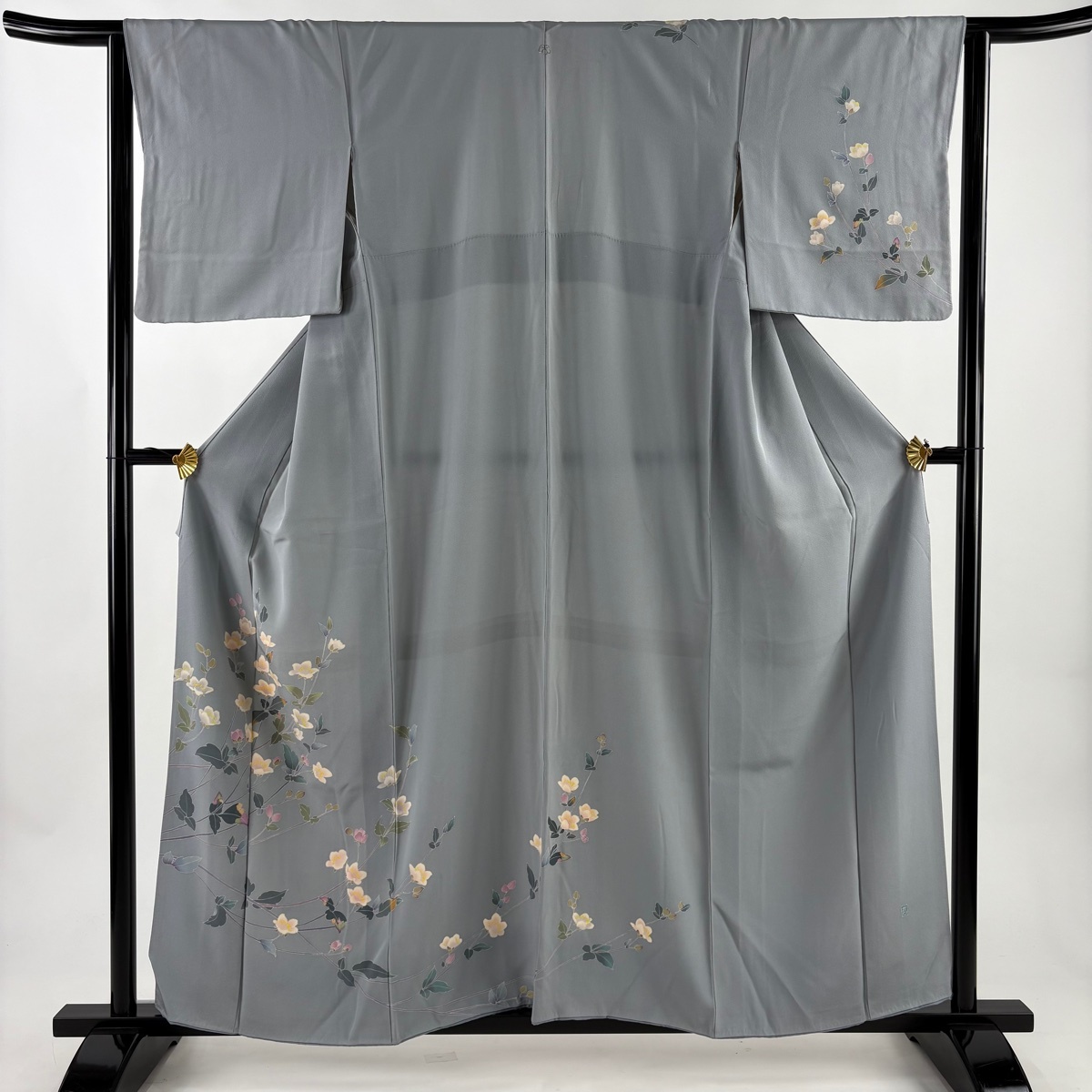 訪問着 身丈158.5cm 裄丈63cm S 袷 落款 枝花 青灰色 正絹 秀品 一つ紋 【中古】